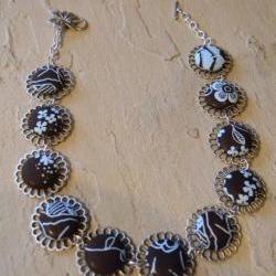 FREE SHIPPING  - Silver Nickel Flowered Linked Necklace with Fabric Covered Buttons